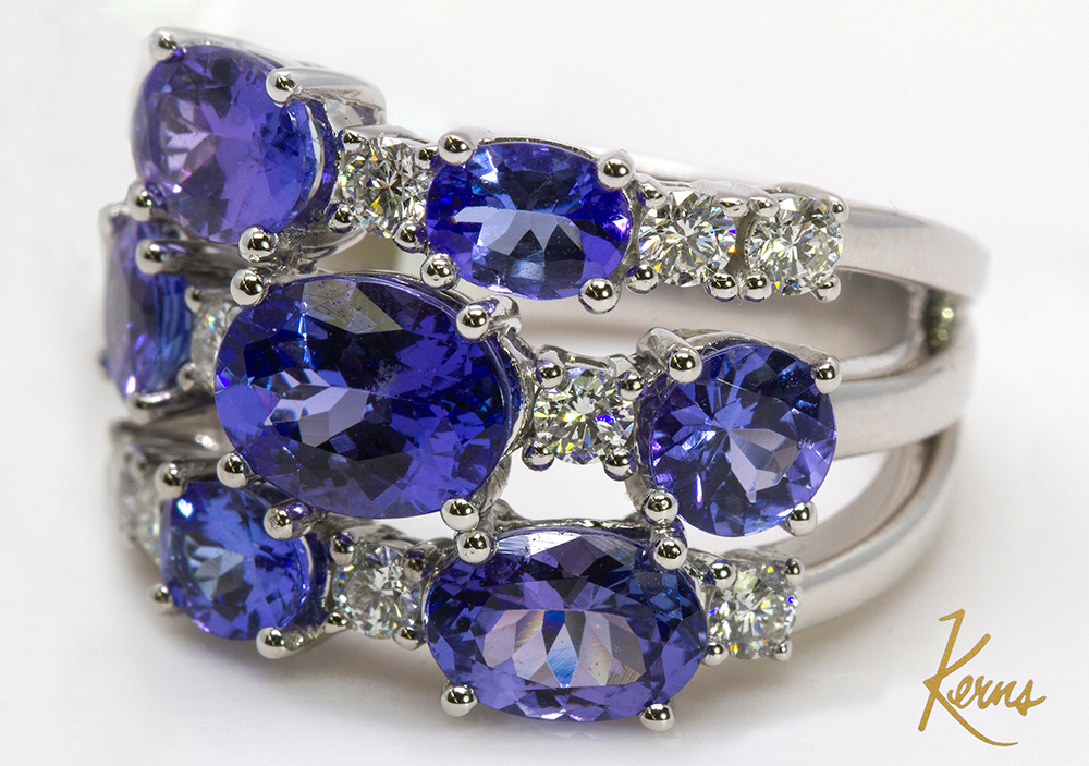 18K White Gold 3 Row Diamond and Tanzanite Ring