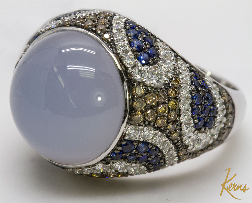 Brown Diamond, Blue Sapphire and Chalcedony Ring
