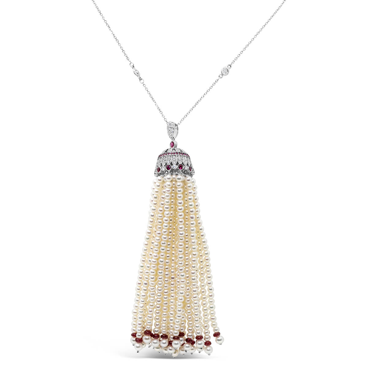 18K Pearl Tassel Necklace with Diamonds and Rubies 220 3743
