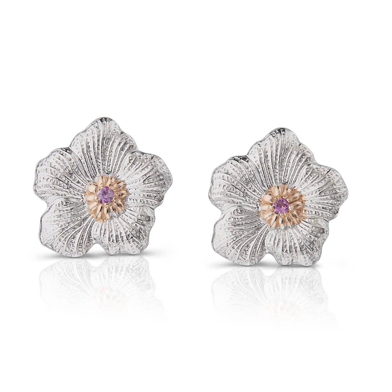 Buccellati Silver Blossoms Gardenia Pink Sapphire Small Button Earrings 240 7218