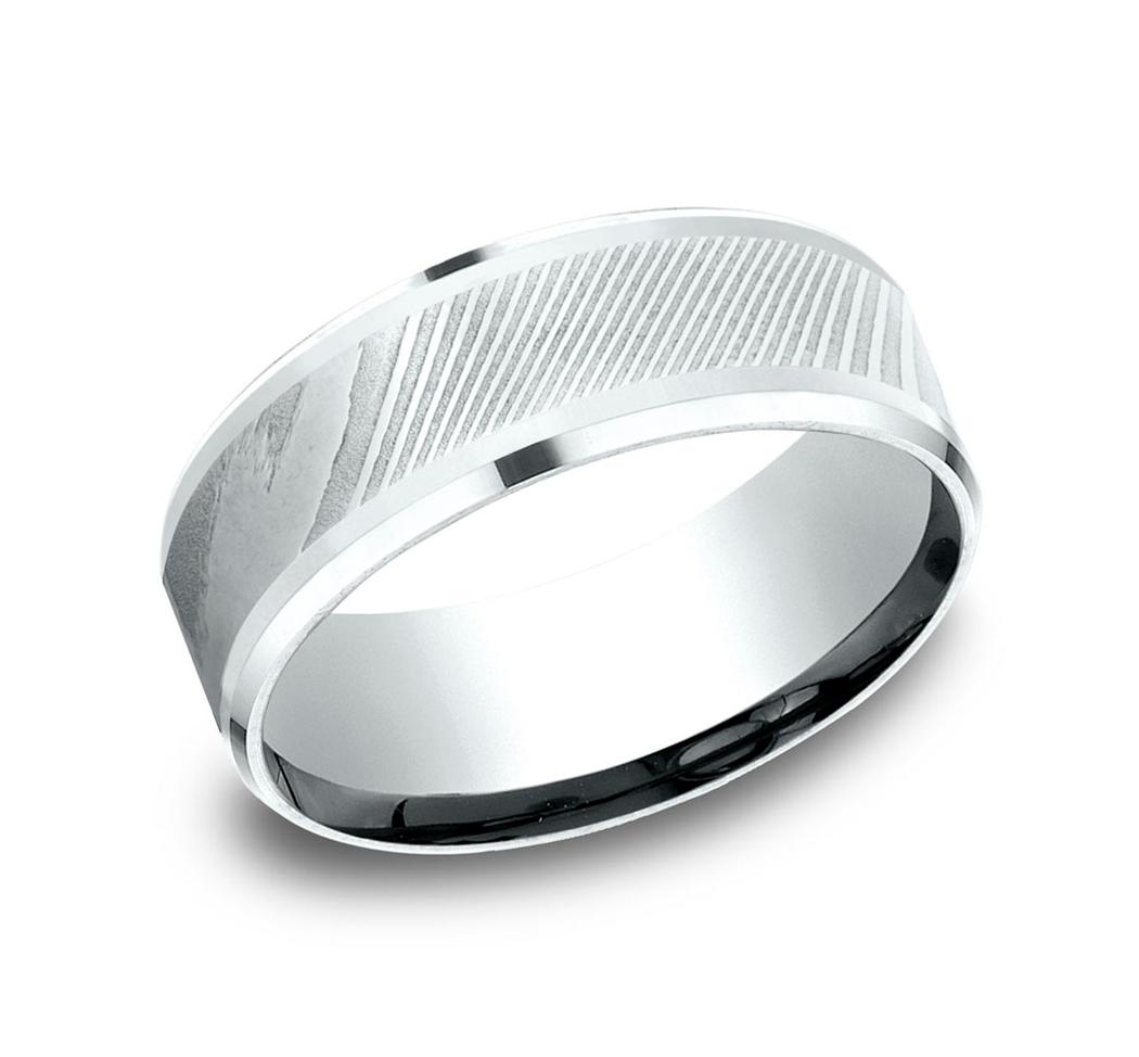 18K White Gold & Damascus Steel Wedding Band