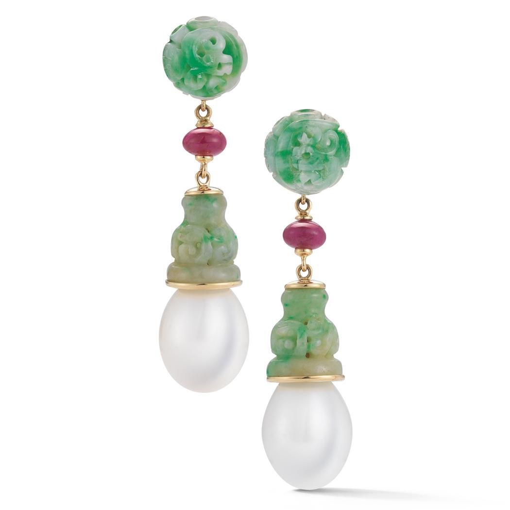 Seaman Schepps Jadeite, Ruby, Pearl Drop Earrings